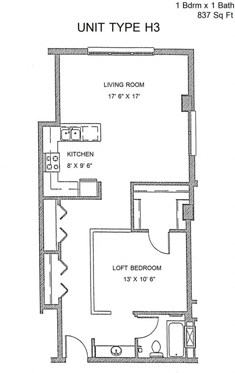Floor plan for 1 bed, 1 bath, 837 sqft